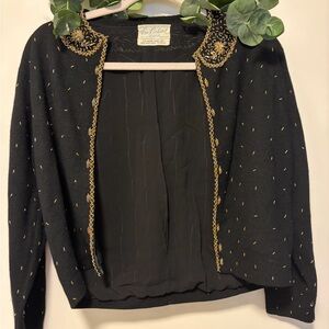 Vintage Ron Richard Black and Gold Women's Jacket Cardigan